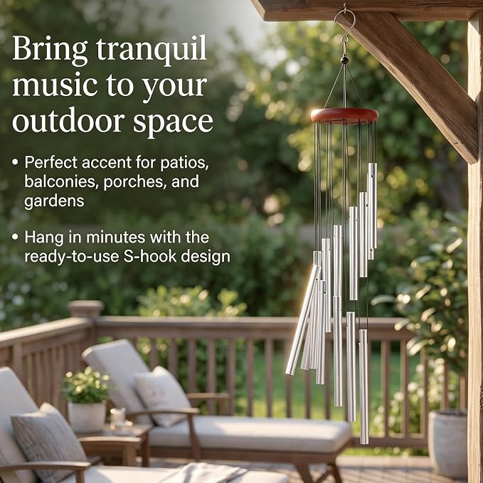 Outdoor Wind Chimes for Outside with 12 Aluminum Tubes for Garden Patio Balcony and Home Decor (Silver)