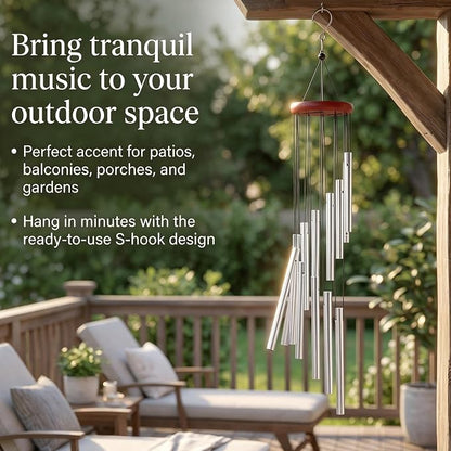 Outdoor Wind Chimes for Outside with 12 Aluminum Tubes for Garden Patio Balcony and Home Decor (Silver)