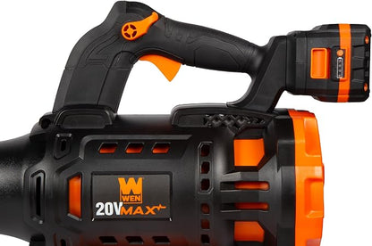 WEN 20V Max Cordless Brushless Axial Leaf Blower with 4Ah Battery and Charger (20711)
