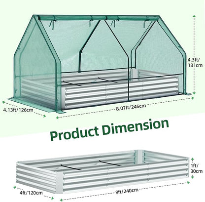 Ohuhu Raised Garden Bed with Cover Outdoor, 8x4x1 FT Galvanized Metal Planter Box with PE Greenhouse Cover, 4 Doors for Ventilation, 3-in-1 Gardening Set for Vegetable Flower Herb Succulent