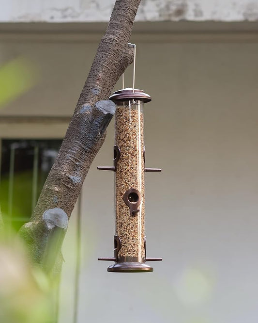 iBorn Metal Bird Feeder Hanging Wild Bird Seed Feeder for Mix Seed Blends Heavy Duty All Metal Coffee Finish,15 Inch 6 Port(Seed is not Included)