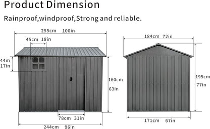 8x6 FT Outdoor Storage Shed,Galvanized Steel Heavy Duty Metal Tool Shed with Window & Vents,Sliding Door,Weatherproof Utility Shed for Backyard Patio Lawn,Gray
