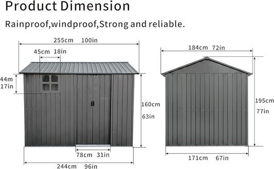8x6 FT Outdoor Storage Shed,Galvanized Steel Heavy Duty Metal Tool Shed with Window & Vents,Sliding Door,Weatherproof Utility Shed for Backyard Patio Lawn,Gray