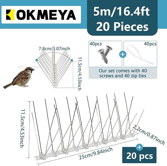 Bird Spikes 16.4FT, 304 Stainless Steel Pigeon Spikes with Plastic Base for Gardens Outdoor, Keep Seagull Pigeon Away Birds Scarer Devices 20PACK