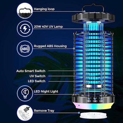 Bug Zapper Outdoor, 2026 Upgraded 3 in 1 Rechargeable Bug Zapper with 5000mAh Battery & LED Night Light, 4000V Cordless Waterproof Mosquito Zapper for Outside,Patio,Backyard,Garden Black 01
