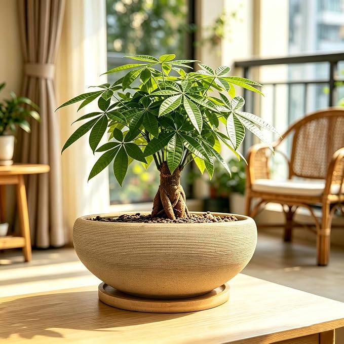MUZHI 8 inch Round Unglazed Ceramic Bonsai Pot with Bamboo Tray, Shallow Plain Pottery Succulent Planter with Drainage Hole (8”)