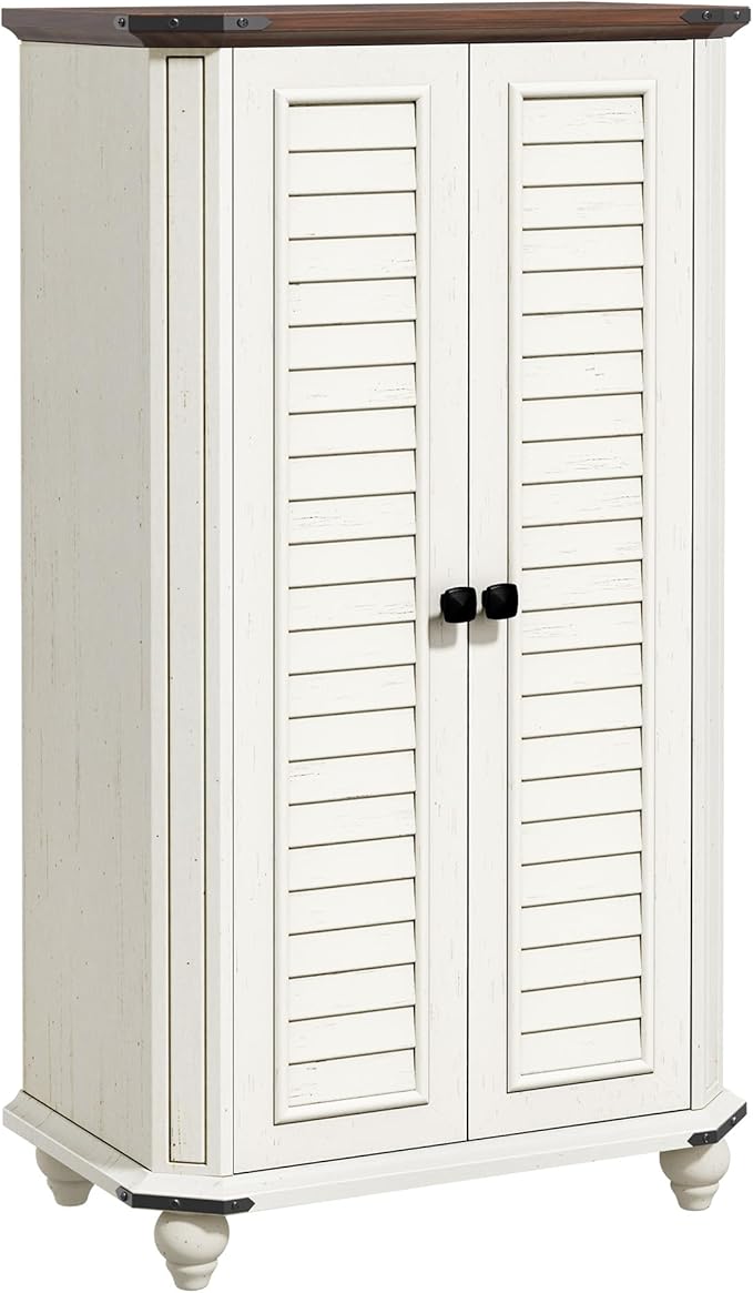 DWVO 4-Tier Storage Cabinet, 45.2" Farmhouse Kitchen Pantry Cabinet wth 2 Shutters-Doors & Adjustable Shelves, Wooden Tool Cabinet for Dining Room, Bathroom, Living Room, Laundry Room, Office, White | 4-Tier Storage Cabinet, Adjustable Shelves, Wooden ...