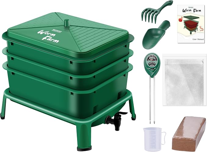 Blütezeit 3-Tray Worm Composter, 32QT Worm Farm with Compost Worms Starter Kit for Indoor & Outdoor, Worm Composting Bin for Recycling Food Waste (Green)