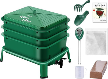 Blütezeit 3-Tray Worm Composter, 32QT Worm Farm with Compost Worms Starter Kit for Indoor & Outdoor, Worm Composting Bin for Recycling Food Waste (Green)