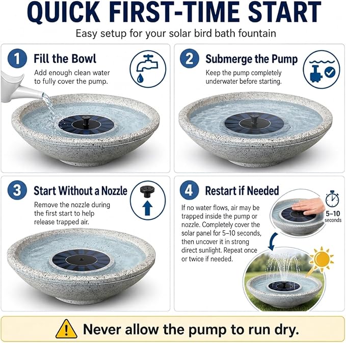 Solar Fountain Bird Bath of Outside Faux Rock Granite Look 12.5" Tabletop Water Bowl with 6 Nozzles Bird Bath Bubbler for Hummingbird Wild Birds Outdoors Garden Patio Lawn