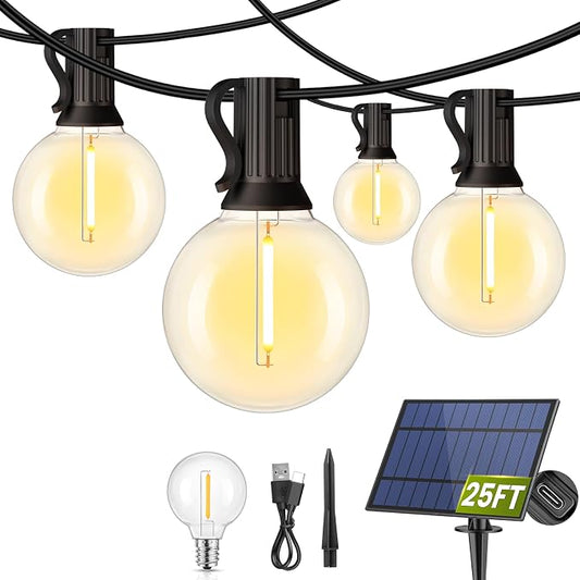 Mlambert 25FT Solar Powered String Lights Outdoor, Waterproof Solar Patio Light String with 10+1 Shatterproof LED G40 Bulbs for Backyard Garden-Black