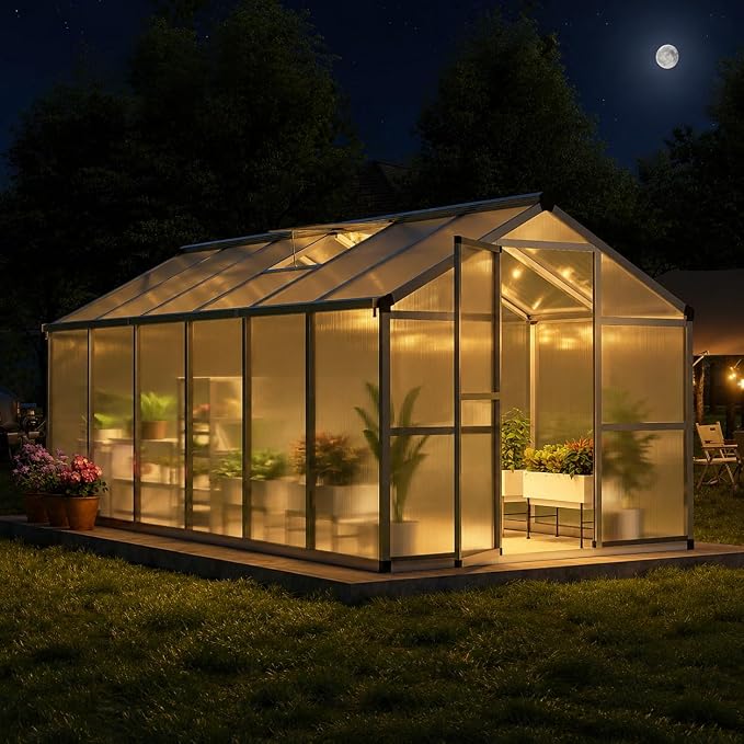 Greenhouse, 8x12 Ft Outdoor Greenhouses, Accessible Green House with Roof Vents and Sliding Doors, Aluminum Frame Polycarbonate Greenhouses, Large Greenhouse for Outdoor Gardens and Backyards, Silver