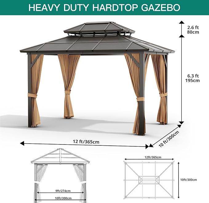 GAOMON 10'x12' Hardtop Gazebo, Outdoor Polycarbonate Double Roof Canopy, Aluminum Frame Permanent Pavilion with Curtains and Netting, Sunshade for Garden, Patio, Lawns (10x12ft)