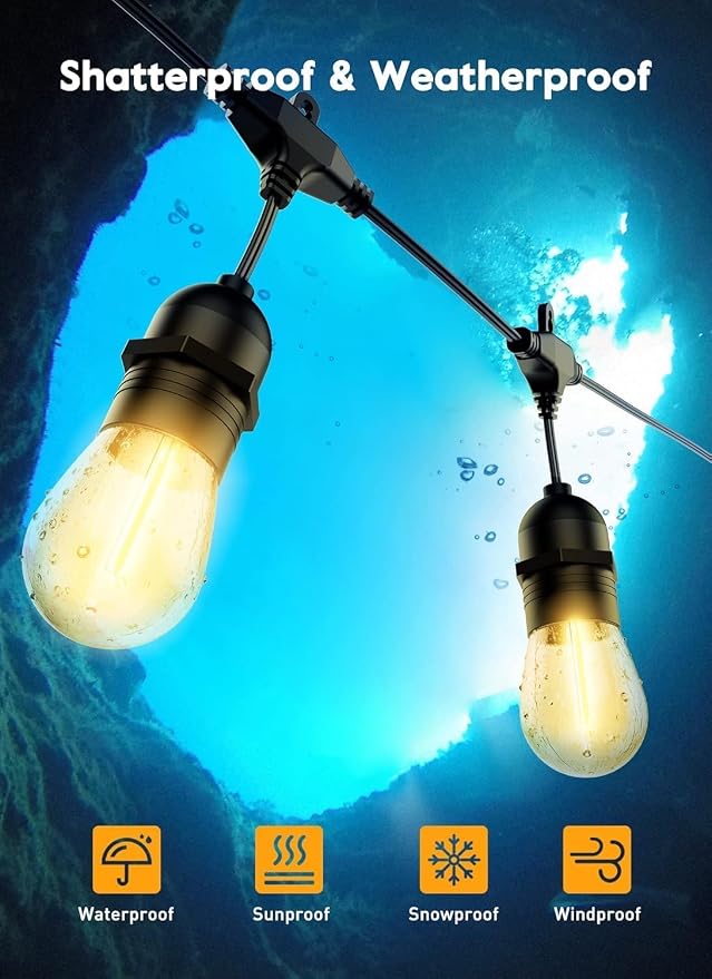 Brightown Outdoor String Lights, 112FT 35 Bulbs Shatterproof Patio Lights with Remote, IP65 Waterproof Dimmable Hanging Connectable LED Outdoor Lights for Backyard, Bistro, Porch, Deck, Balcony