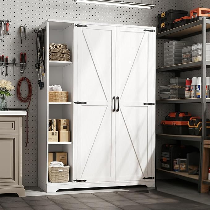 YITAHOME Wooden Garage Broom Cabinets with Adjustable Shelves, Multifunctional Organizer for Ironing Boards and Vacuum Cleaners, Tool Storage Cabinet for Gym, Basement, Warehouse, Oak White | Adjustable Shelves, Fits Ironing Board & Vacuum, Multifuncti...