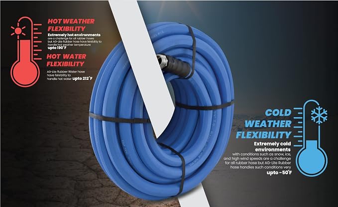 AG-LITE BSAL5850 5/8" x 50' Hot/Cold Water Rubber Garden Hose, 100% Rubber, Ultra-Light, Super Strong, 500 PSI, 50F to 190F Degrees, High Strength Polyester Braided