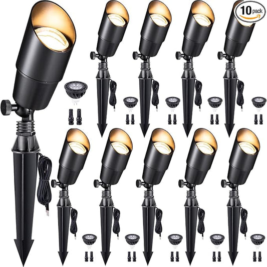Gardenreet LED Low Voltage Spotlight - 12V AC/DC Black Outdoor Light Fixture, Brass Landscape Lights Hardwired, Weather Proof for Wall Wash Flag with Warm White MR16 Removable Bulbs (10 Pack)