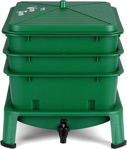 Blütezeit 3-Tray Worm Composter, 32QT Worm Farm with Compost Worms Starter Kit for Indoor & Outdoor, Worm Composting Bin for Recycling Food Waste (Green)