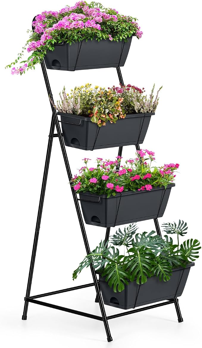 4 Tier Vertical Garden Planter Herb Garden Planter Outdoor Planters for Outdoor Plants Standing Vertical Raised Garden Bed Tiered Garden Vegetable Planter with Drainage Holes (Grey)