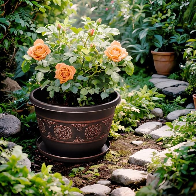 Usocik 12 Inch Retro Plant Pots 4 Pack with Drainage and Saucers Copper | Copper retro PP pots with drainage holes and saucers for flowers pothos aloe herbs patios porches gardens and entryways