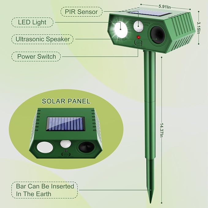 2 Pack 2026 Upgraded Solar Ultrasonic Animal Repellent Outdoor, Deer Repellent Devices Waterproof, Motion Activated Cat Repellent Outdoor, Squirrel Raccoon Skunk Rabbit Dog Bird Deterrents for Yard