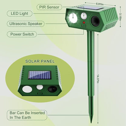 2 Pack 2026 Upgraded Solar Ultrasonic Animal Repellent Outdoor, Deer Repellent Devices Waterproof, Motion Activated Cat Repellent Outdoor, Squirrel Raccoon Skunk Rabbit Dog Bird Deterrents for Yard