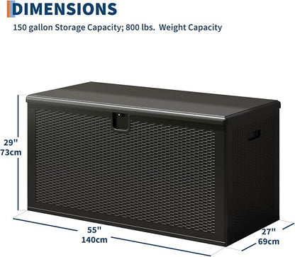 IDEALHOUSE 150 Gallon Resin Deck Box, Waterproof Outdoor Storage Box with Lockable Lid & UV Resistant, Patio Furniture Cushion Storage Container for Garden, Backyard, Poolside (Black)