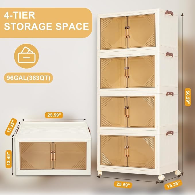 25" Wide 4-Tier Rolling Storage Bins with Lids,383QT Collapsible Stackable Storage Cabinet with Wheels,Foldable Closet Organizers,Plastic Storage Drawers for Home, Bathroom, RV Essentials