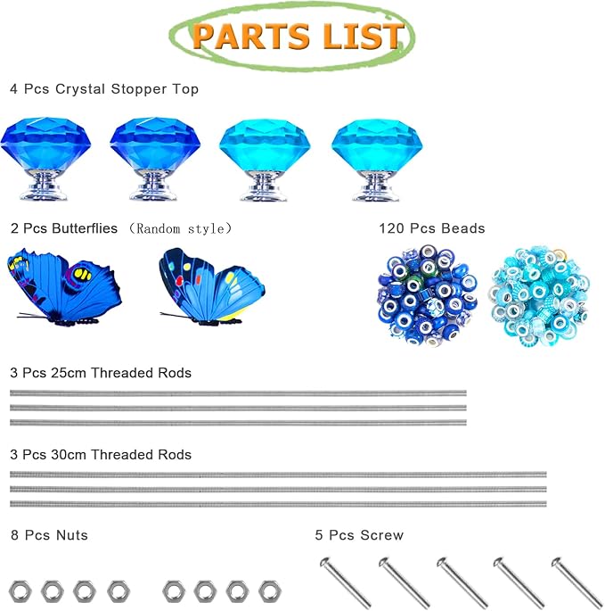 145 PCS Beaded Garden Stakes Kit, DIY Fairy Wand Garden Stake Beads Kits with Assortment Large Hole Beads 4 Crystal Stopper Top 2 Colored Butterfly Tops and Threaded Rods for Outdoor Indoor Decor
