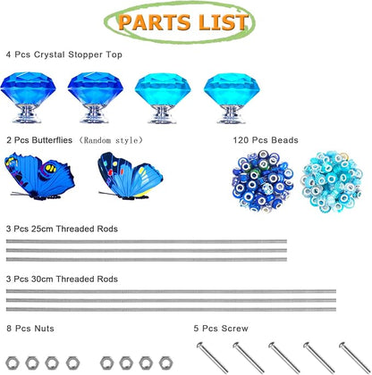 145 PCS Beaded Garden Stakes Kit, DIY Fairy Wand Garden Stake Beads Kits with Assortment Large Hole Beads 4 Crystal Stopper Top 2 Colored Butterfly Tops and Threaded Rods for Outdoor Indoor Decor