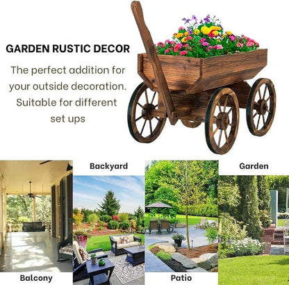 Wood Wagon Planter for Outdoor Balcony Decor - Garden Rustic Wooden Flower Cart with Wheels for Outside - Decorative Indoor - Wheelbarrow Planter for Patio -Reinforced Wheel