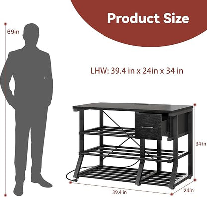 3D Printer Workstation with Power Outlet & Filament Storage, Heavy Duty 4-Tier 3D Printer Stand with Drawer, X-Bracket Stability, Large 39.4” 3D Printing Desk for Workshop, Studio, Office