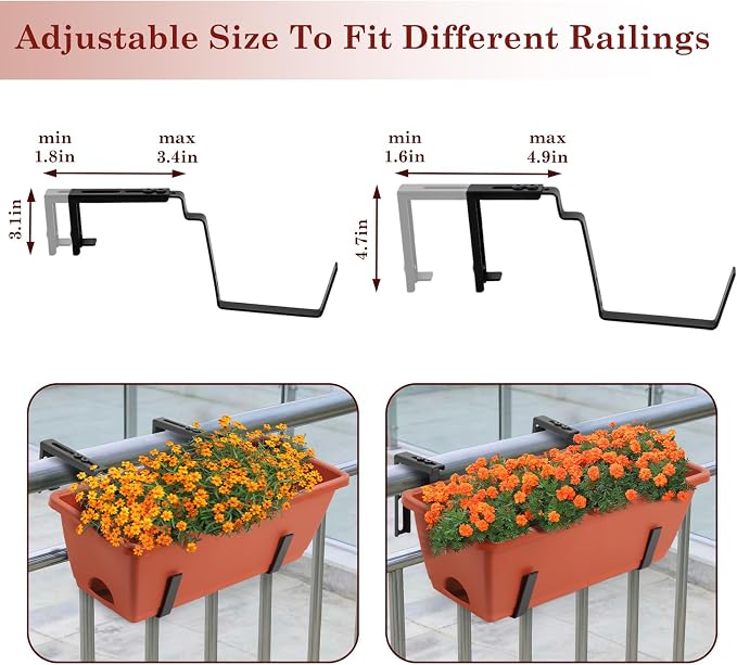 OYEAL Hanging Flower Pots for Railing Fence Outdoor Window Boxes Planter with Adjustable Hooks, Set of 2 Deck Rail Planters with 6 Detachable Plastic Planter Boxes, Drainage Holes, Brick Red