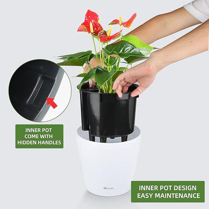 Dexceder 9x8 Self Watering Planter (White High Gloss) | Inner Pot Design, Thickened Table Flower Plant Pot with Water Level Indicator Indoor Outdoor