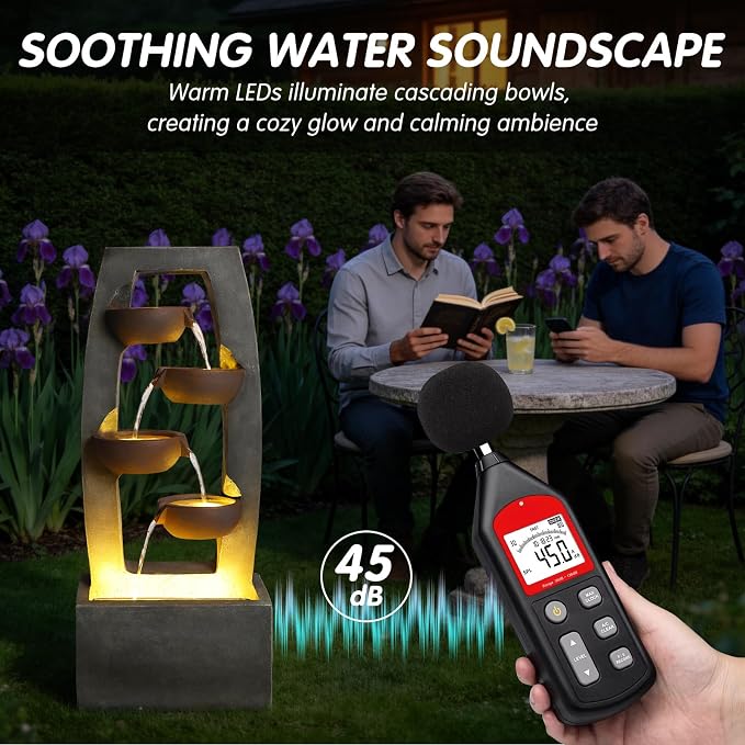 37.6" Outdoor Rock Water Fountain, Small Outdoor Fountain with Lights, 4-Tier Cascading Bowl Design Garden Water Feature, Modern freestanding Fountain for Patio Backyard Porch