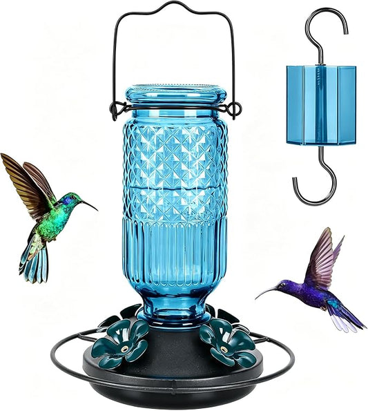 FEED GARDEN Glass Hummingbird Feeder for Outdoors Hanging, 16 oz Leak-Proof Nectar Feeder with Bee Guards & Ant Moat, 4 Metal Flower Feeding Ports, 360° Perch Ring, Easy Refill & Clean, Blue