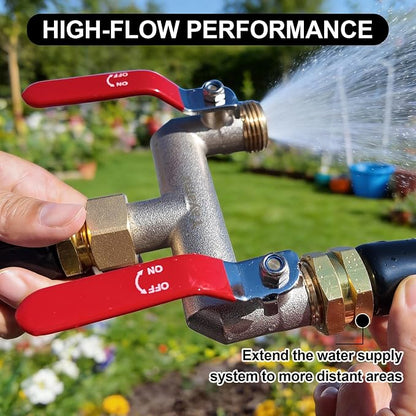 Hose Splitter 2 Way Heavy Duty Brass Garden Hose Splitter 3/4-in GHT | Outdoor Faucet Splitter With 2.1" Extra Long Handle, Lead-free, 2.7" Wide Spacing Fits Large Irrigation Timers, Garden, Lawn