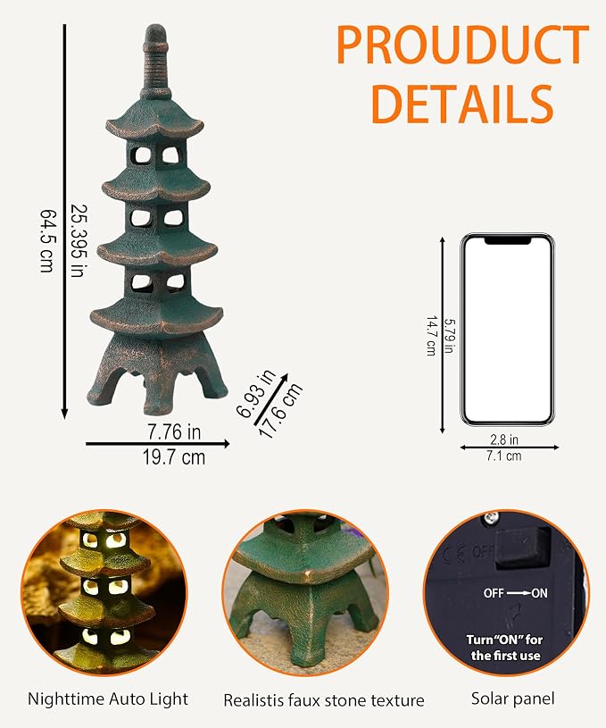 Nacome Solar Pagoda Garden Statues: 25.6 inches Multi-Layer Outdoor Weatherproof Resin Zen Decor for Landscape Balcony Patio Porch Yard Ornament(Bronze)