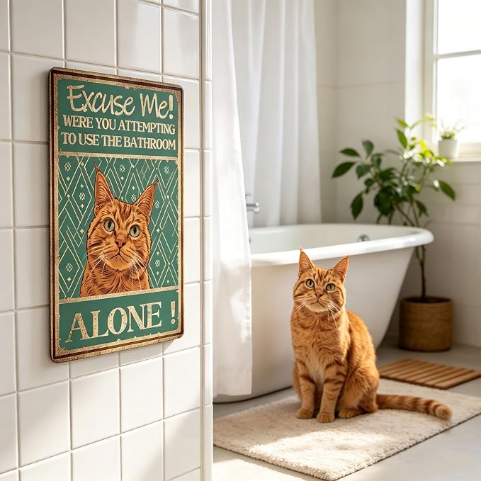 Metal Signs Excuse Me Were You Attempting To Use The Bathroom Alone Orange Cat Tin Sign Vintage Wall Decor for Home Bar Bathroom Toilet 12x8 Inch