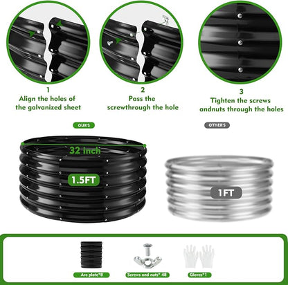 YSEJOMP 17" Tall 32" Diameter Round Raised Garden Bed Kits Outdoor Black | 1.5 FT Tall,2.7 FT Planter Bed for Flowers,Herbs,Vegetables,Trees,0.8MM Thick Galvanized Metal Painted,with Gloves,Tool free