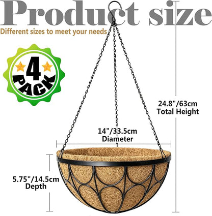 4 Pack 14 Inch Hanging Planters for Outdoor Plants，Large Wire Flower Hanging Basket with Coco Liners for Balconies, Patios, Porch, Terraces Decor