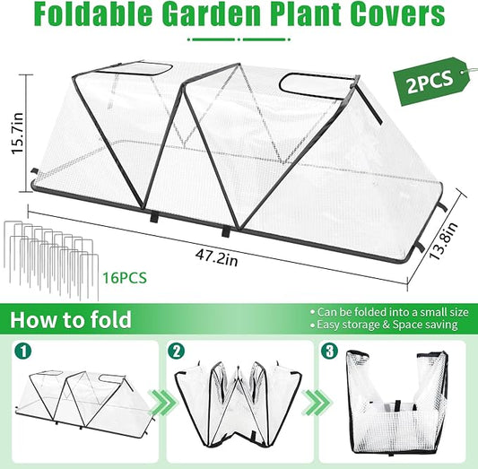 2Pack Foldable Garden Plants Covers with Two Dual Layer Skylights, 47.2" X 14.2" X 13" Raised Bed Greenhouse Cover, Garden Frost Protection for Vegetable Flower Fruits from Animals, Include 16 Stakes