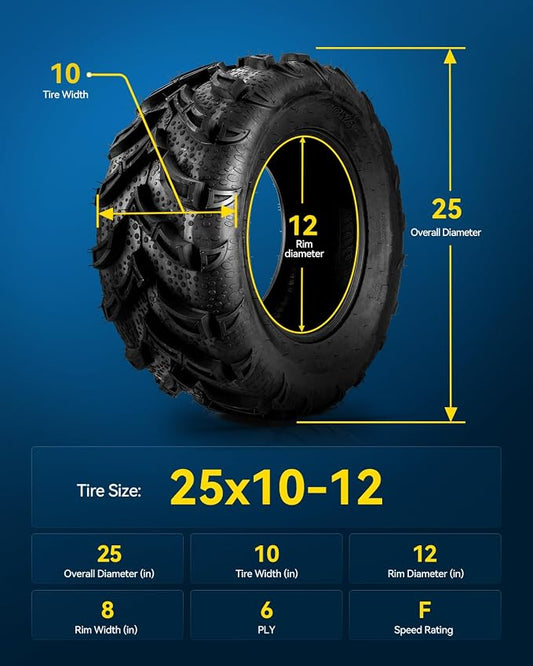 PHILTOP 25x10-12 ATV UTV Tires, 6-Ply Super Mud 25x10-12 ATV All-Terrain Tires for Riding Mowers, Golf Carts, Off-Road,2 Pcs,Tubeless (Z-120)