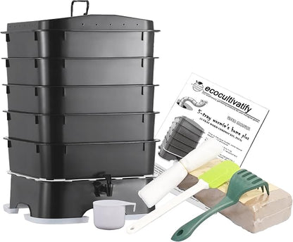 5-Tray Worm Compost Bin, Worm Composter for Outdoor & Indoor, 5-Tray ecocultivatify Wormie's Home Plus, Worm Bin Set for Recycling Household Waste (Black)