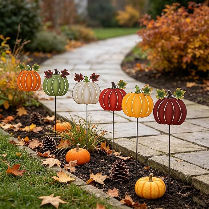 hogardeck Fall Decorations for Home Outdoor, 6 PCS Metal Pumpkin Decorative Garden Stakes for Thanksgiving Decorations, Yard Signs for Garden Home Lawn Patio