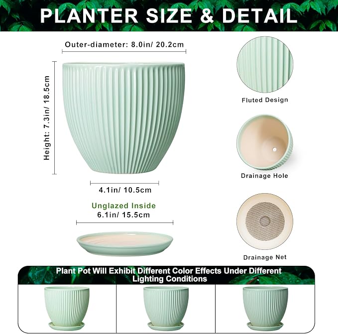 Ceramic Plant Pot, 8 Inch Flower Pots for Indoor Plants, Decorative Flower Planter with Drainage Hole and Saucer, Modern Round Pots for Plants, House Decor, House Warming Gifts, Mint Green