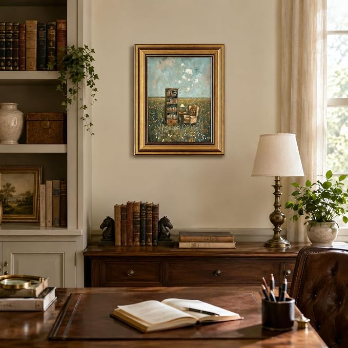Gold Framed Vintage Book Nook Canvas Wall Art for Library Reading Room,Whimsical Bookshelf Print Pictures, Book Lover Wall Decor 9"x11"