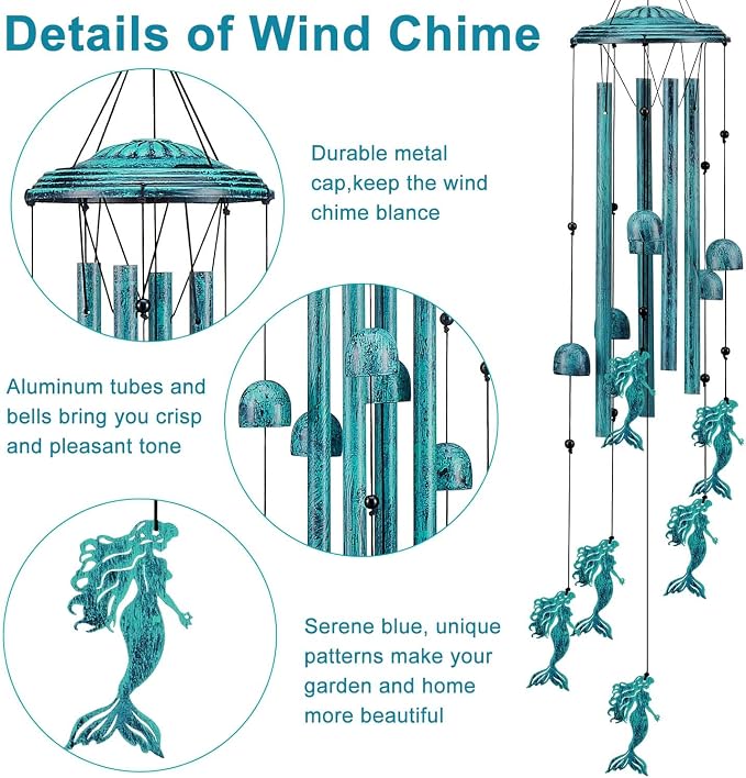 Mermaid Wind Chimes for Outside/Indoors, Mermaid Gifts for Women Mom Grandma, Aluminum Tubes Windchimes S Hook, 37" Wind Chime Hanging Decor for Home Patio Garden Porch Yard (Blue-Mermaid)