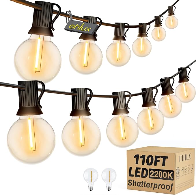 OHLUX Outdoor String Lights,110FT Dimmable Patio Lights with 58 Shatterproof 2200K LED G40 Bulbs(2 Spare),Waterproof Hanging Lights String for Outside Backyard Cafe Porch Deck Porch
