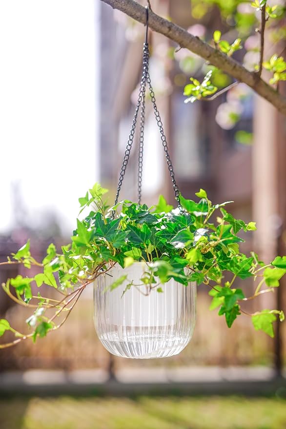 Melphoe 2 Pack Self Watering Hanging Planters Indoor Flower Pots, 6.5 Inch Outdoor Hanging Plant Pot Basket, Plant Hanger with 3Hooks Drainage Holes for Garden Home (Gray + White)